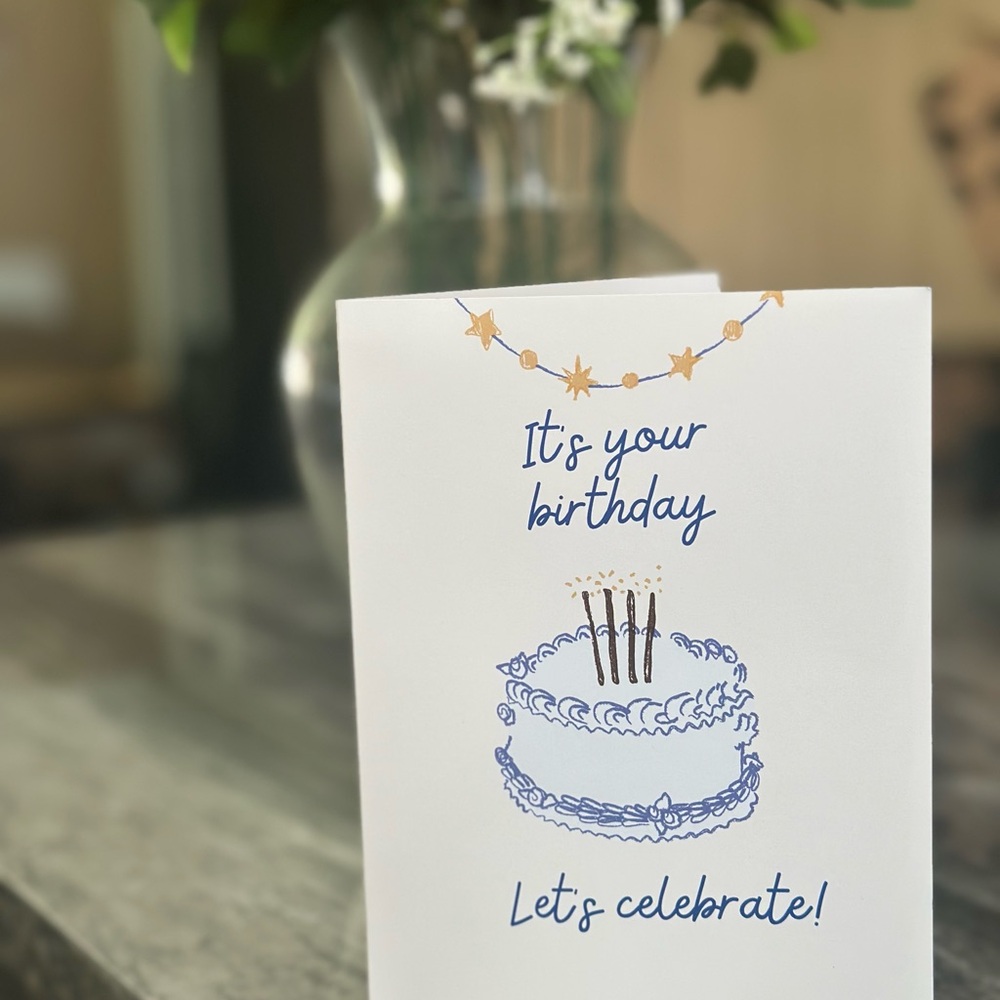 Birthday Celebration Card with Blue and Gold Design